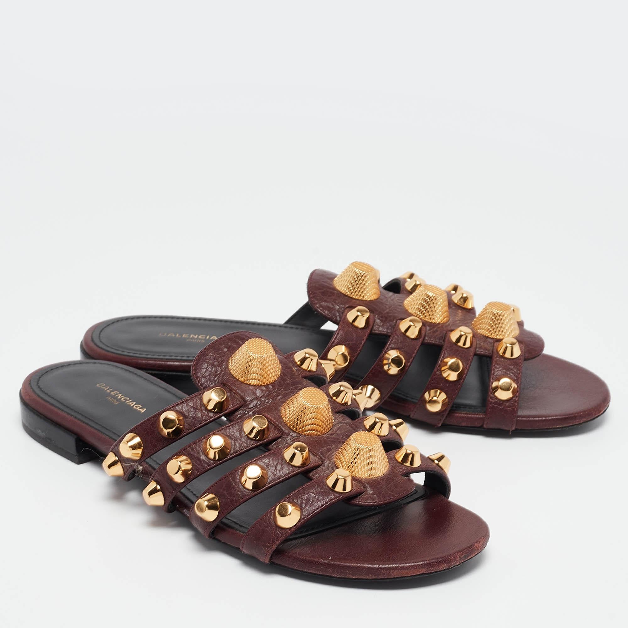 Women's Balenciaga Burgundy Leather Studded Arena Flat Slides Size 36