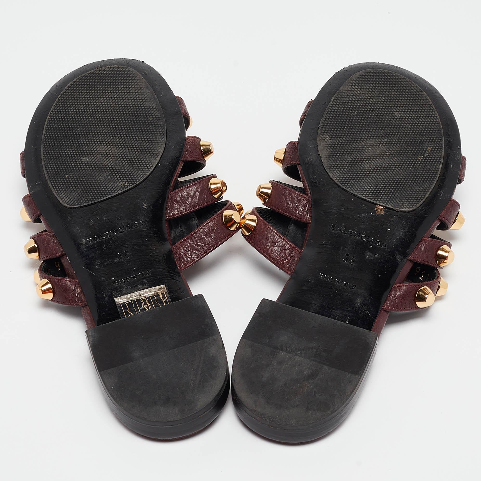 Balenciaga Burgundy Leather Studded Arena Flat Slides Size 36 2