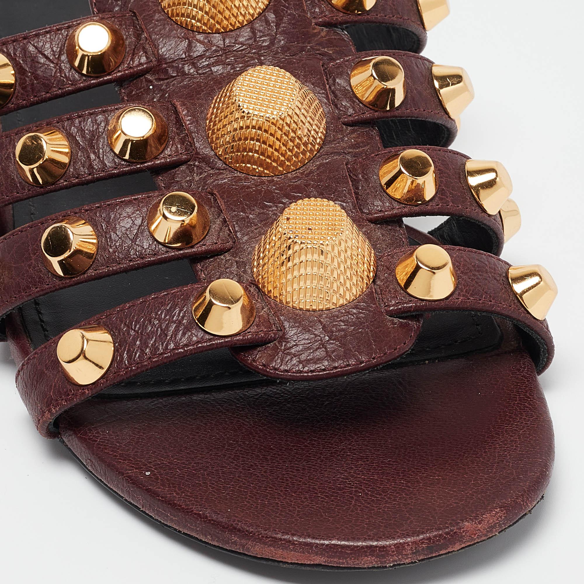 Balenciaga Burgundy Leather Studded Arena Flat Slides Size 36 3