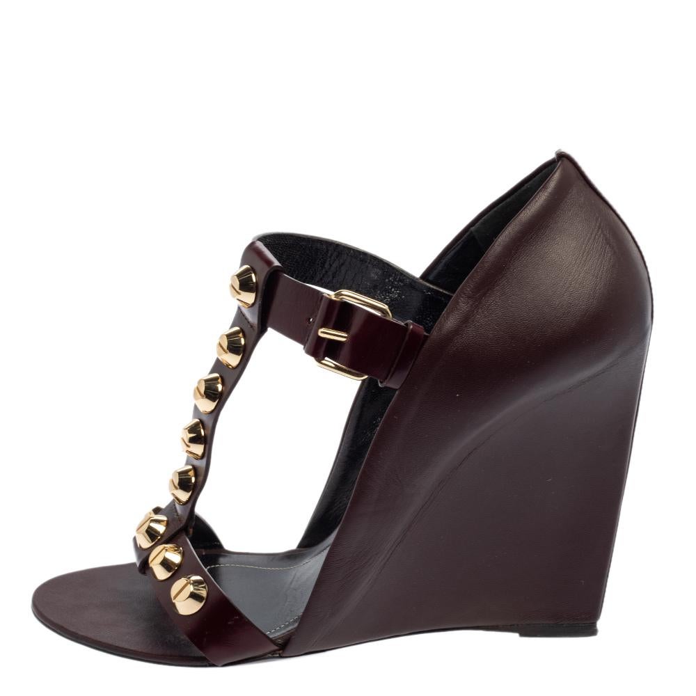 Women's Balenciaga Burgundy Leather Wedge Sandals Size 39