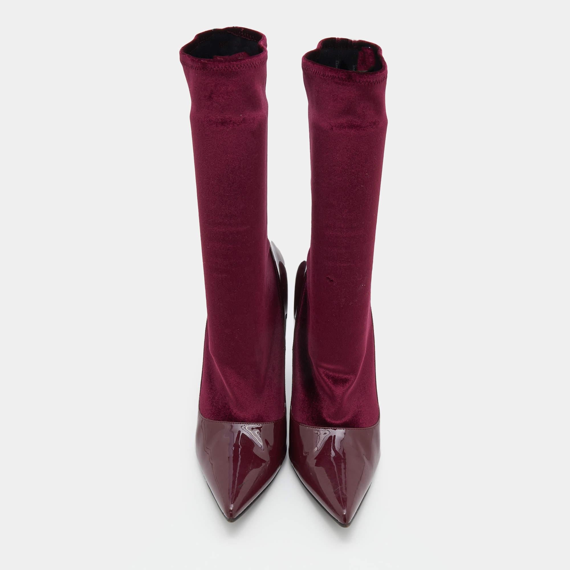 Black Balenciaga Burgundy Patent Leather And Velvet Knife Stretch Sock Boots Size 39