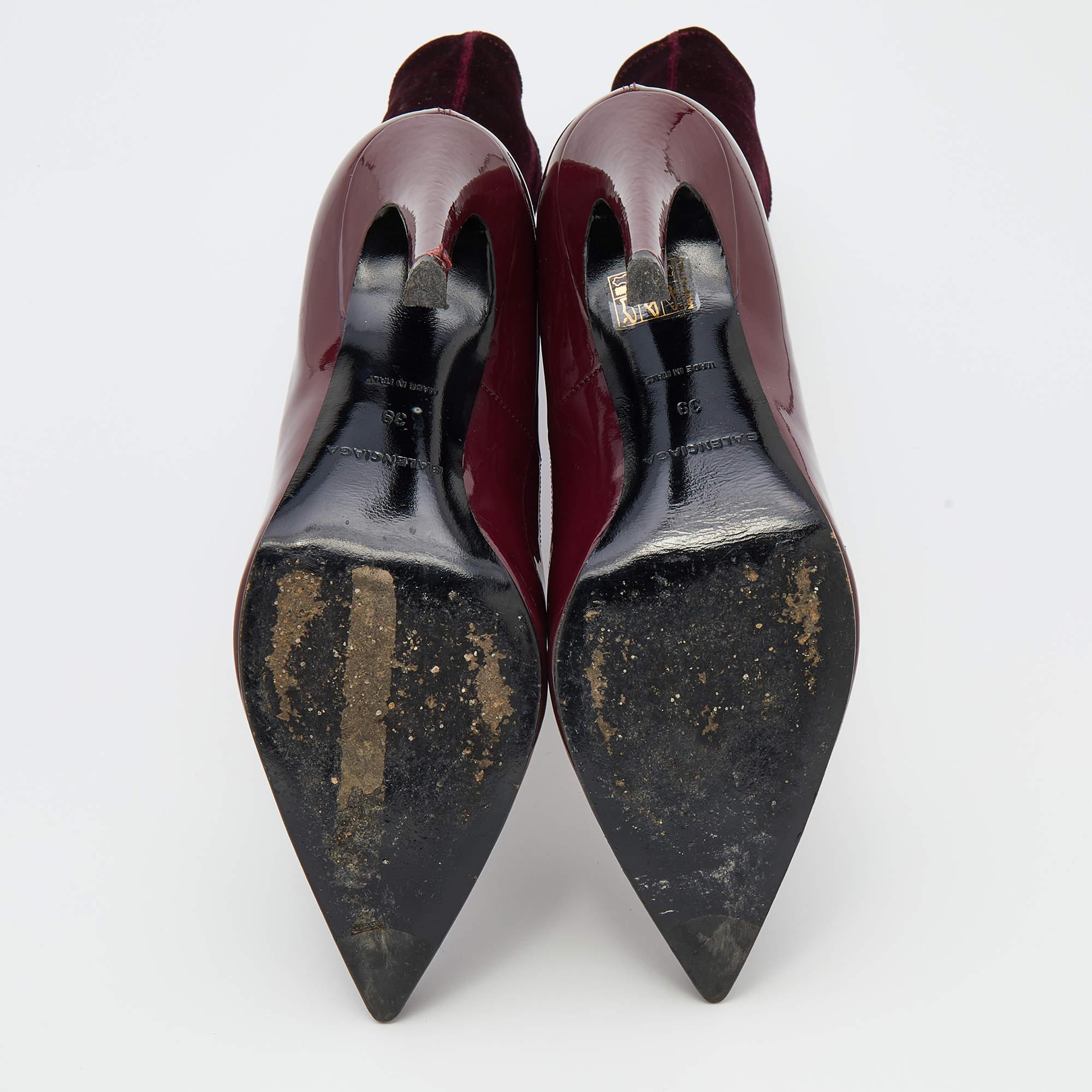 Balenciaga Burgundy Patent Leather And Velvet Knife Stretch Sock Boots Size 39 1