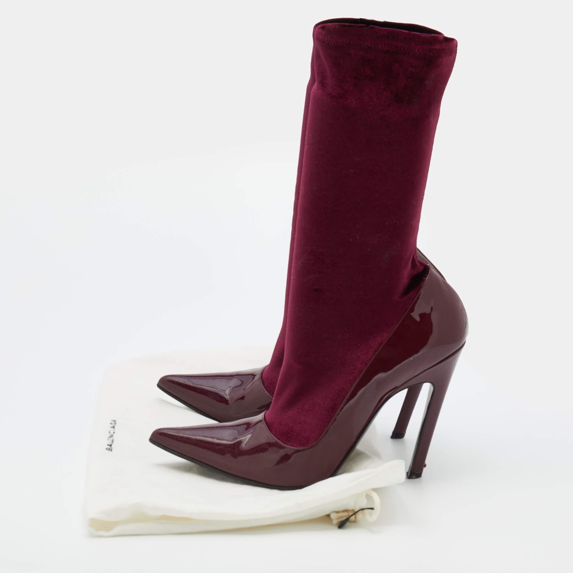 Balenciaga Burgundy Patent Leather And Velvet Knife Stretch Sock Boots Size 39 4