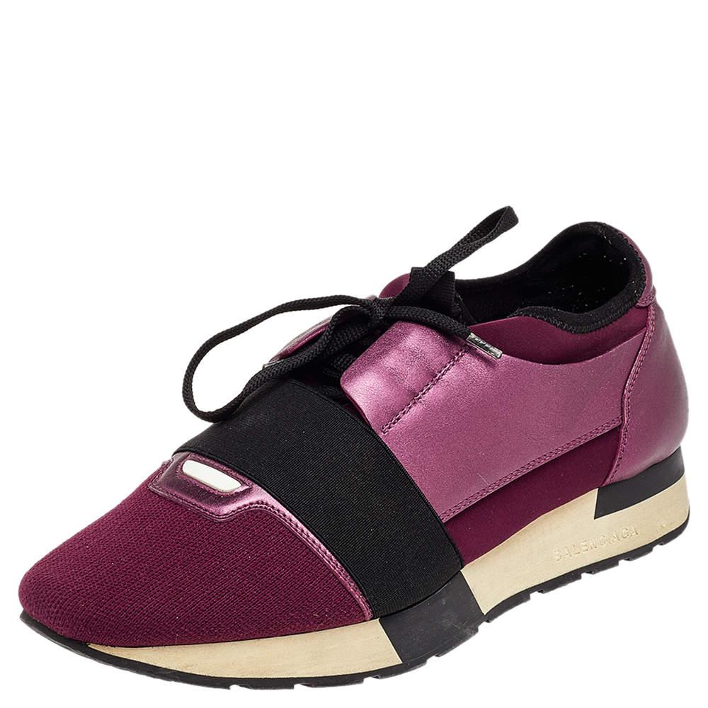 Balenciaga Burgundy/Purple Leather And Canvas Race Runner Sneakers Size 40 For Sale 3