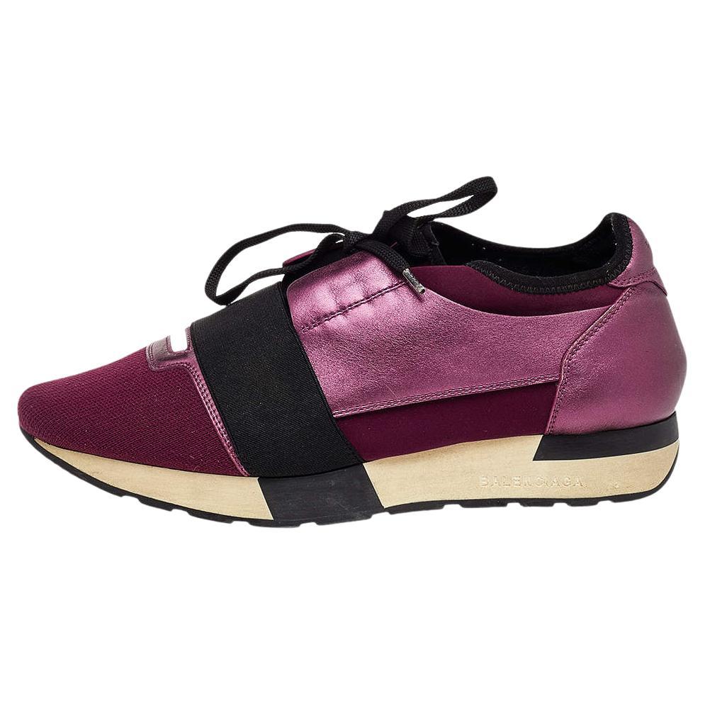 Balenciaga Burgundy/Purple Leather And Canvas Race Runner Sneakers Size 40 For Sale