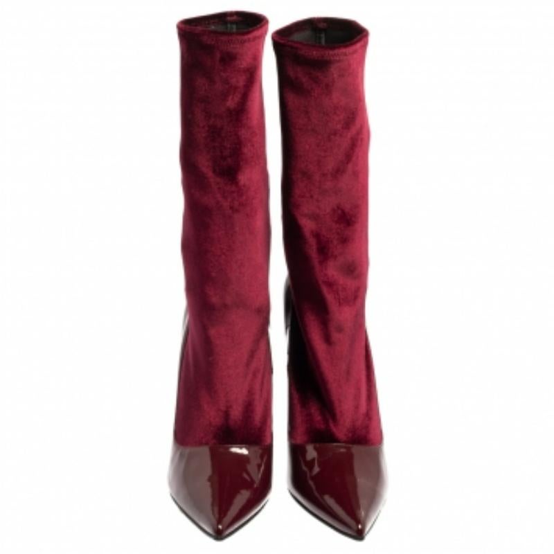 Brown Balenciaga Burgundy Velvet And Patent Leather Knife Mid Calf Boots Size 39 For Sale