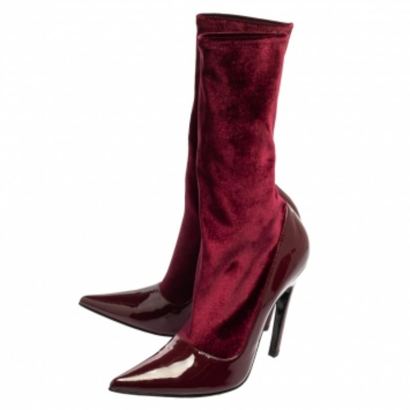 Balenciaga Burgundy Velvet And Patent Leather Knife Mid Calf Boots Size 39 In Good Condition For Sale In Dubai, Al Qouz 2