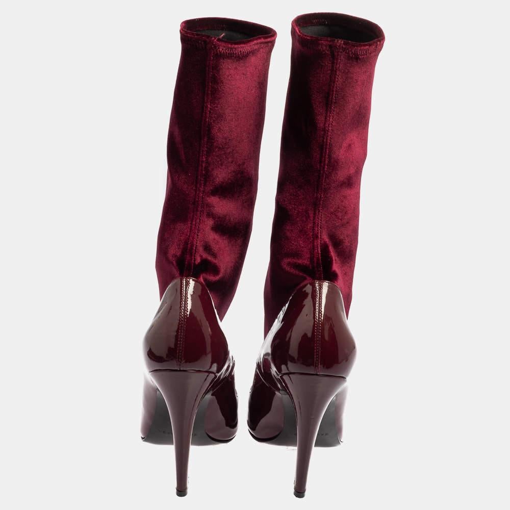 Black Balenciaga Burgundy Velvet And Patent Leather Knife Mid Calf Boots Size 39 For Sale