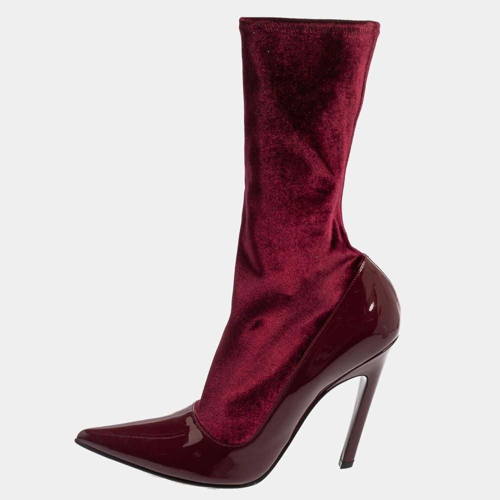 Balenciaga Burgundy Velvet And Patent Leather Knife Mid Calf Boots Size 39 For Sale 2