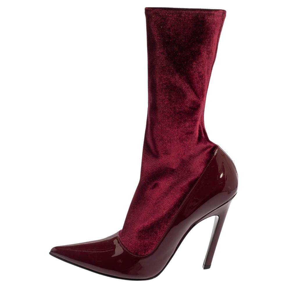 Balenciaga Burgundy Velvet And Patent Leather Knife Mid Calf Boots Size 39 For Sale