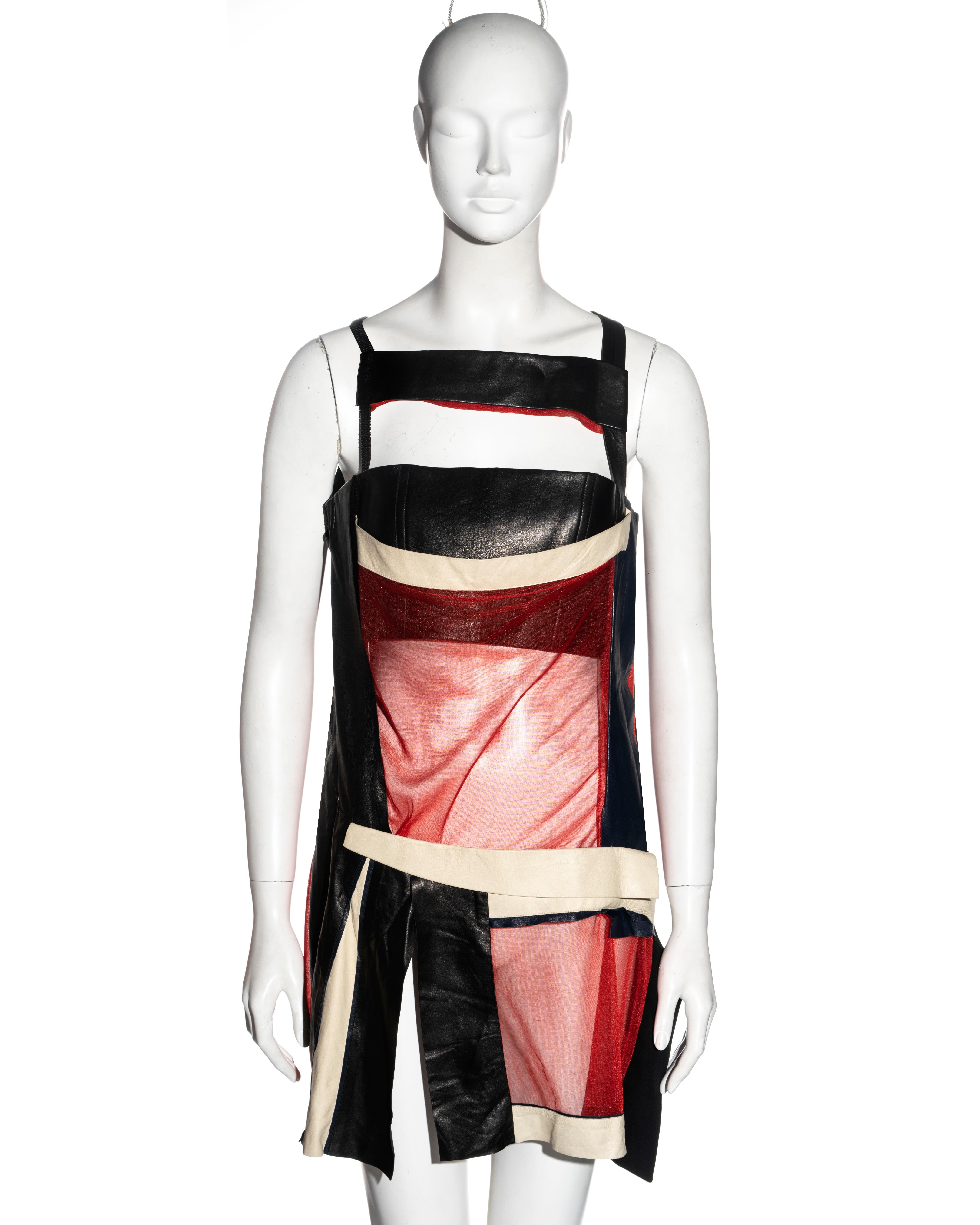 ▪ Balenciaga mixed media mini dress
▪ Designed by Nicolas Ghesquière
▪ Black and cream lambskin leather 
▪ Red chiffon inserts 
▪ Pleated mini skirt 
▪ Built-in bustier 
▪ Harness-style bodice 
▪ FR 38 - UK 10 - US 6
▪ Spring-Summer 2010
▪ 50%