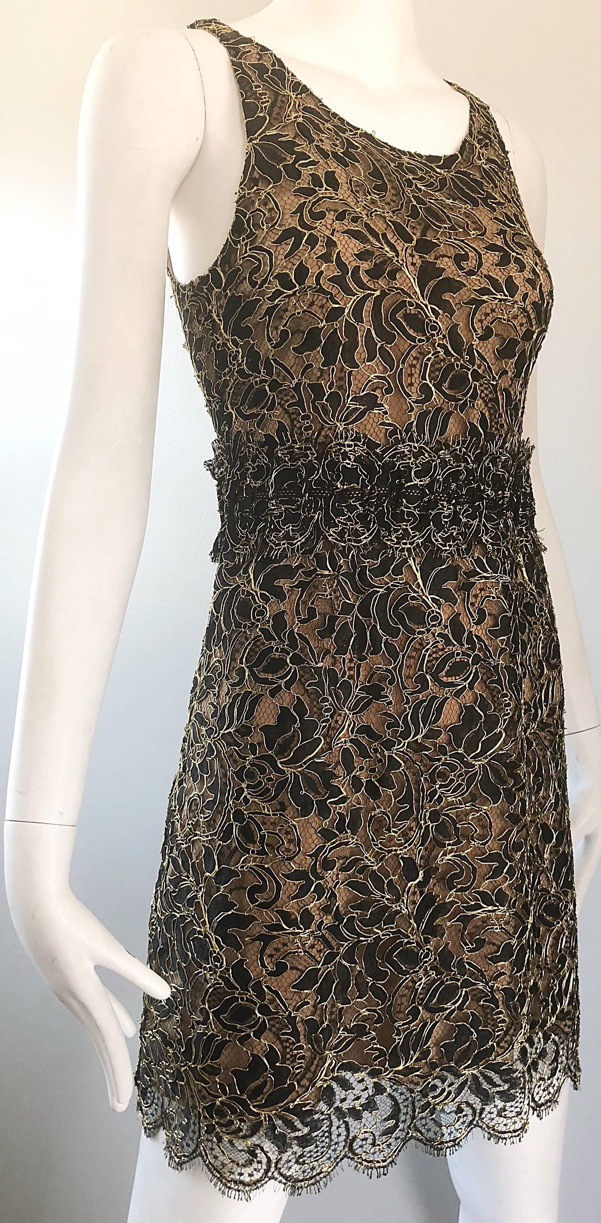 Balenciaga by Nicolas Ghesquiere Black + Gold + Nude Silk Chiffon Lace Dress For Sale 4