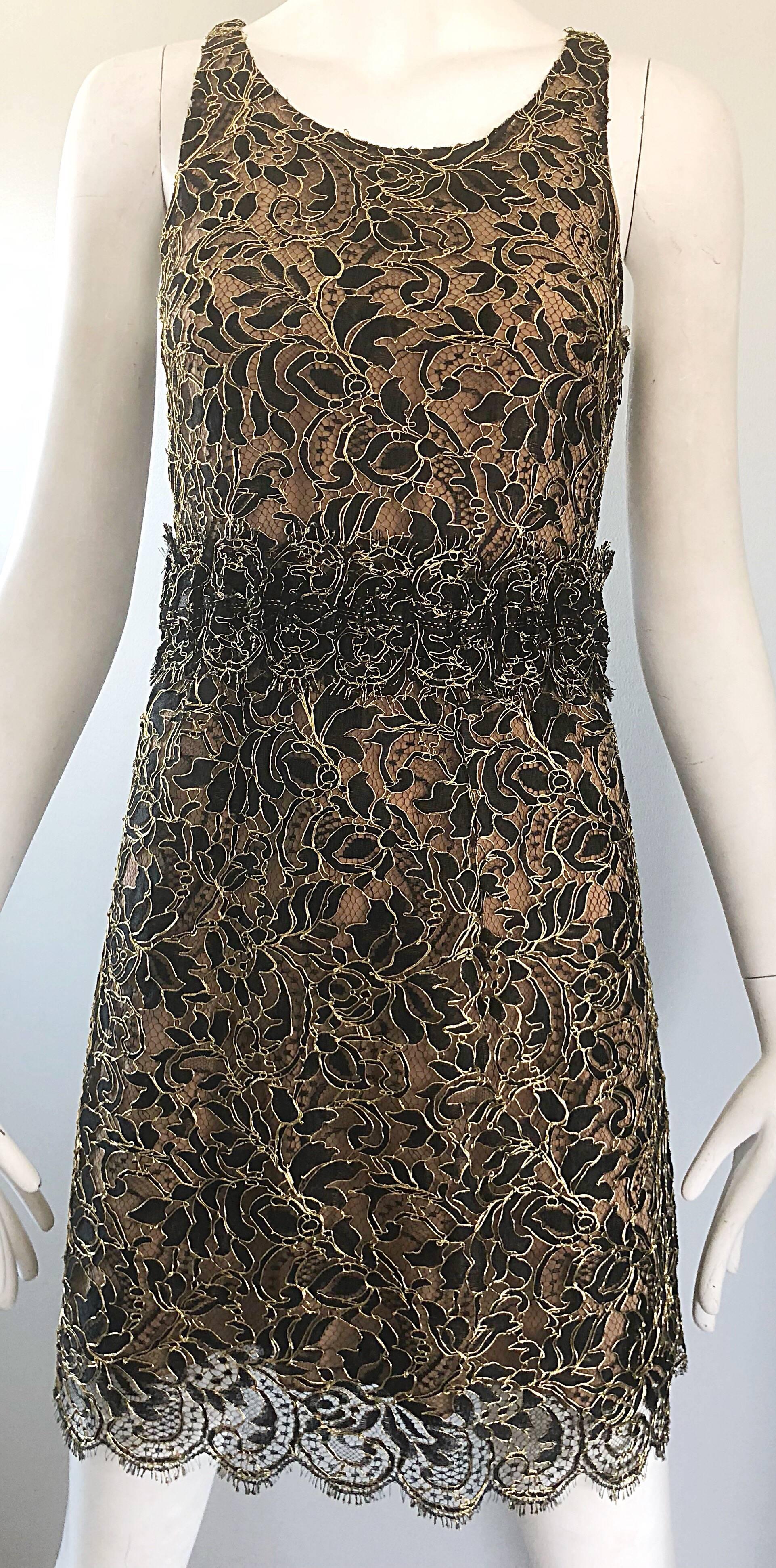 Balenciaga by Nicolas Ghesquiere Black + Gold + Nude Silk Chiffon Lace Dress For Sale 5