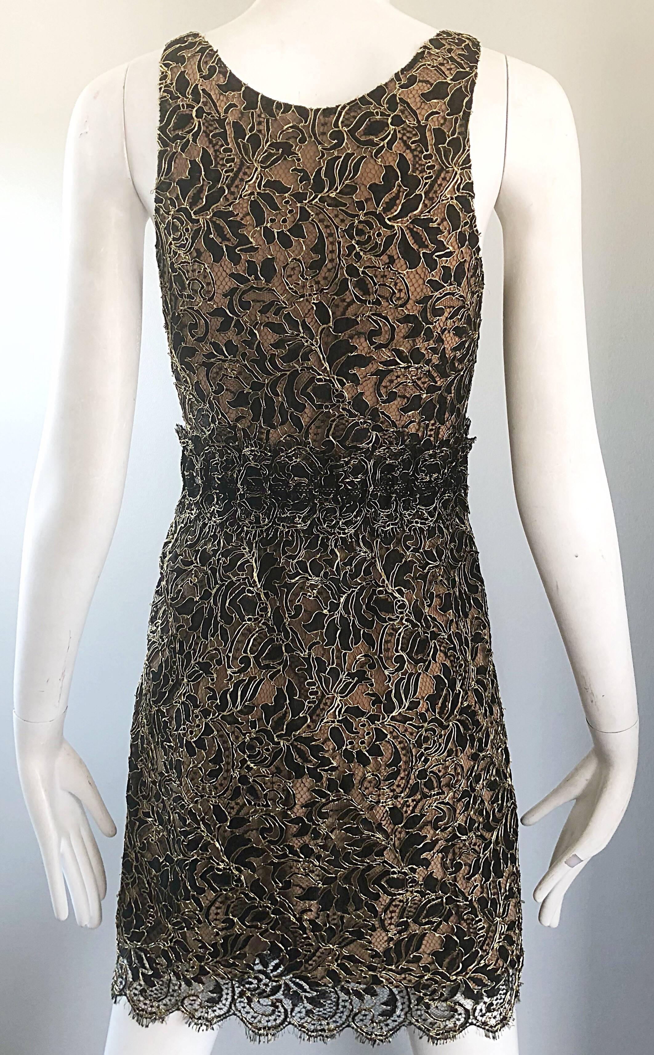 Balenciaga by Nicolas Ghesquiere Black + Gold + Nude Silk Chiffon Lace Dress For Sale 6