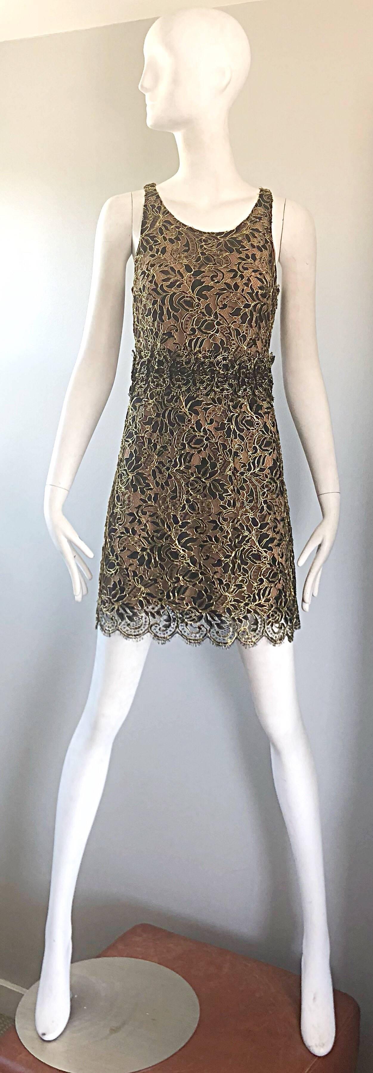Balenciaga by Nicolas Ghesquiere Black + Gold + Nude Silk Chiffon Lace Dress For Sale 7