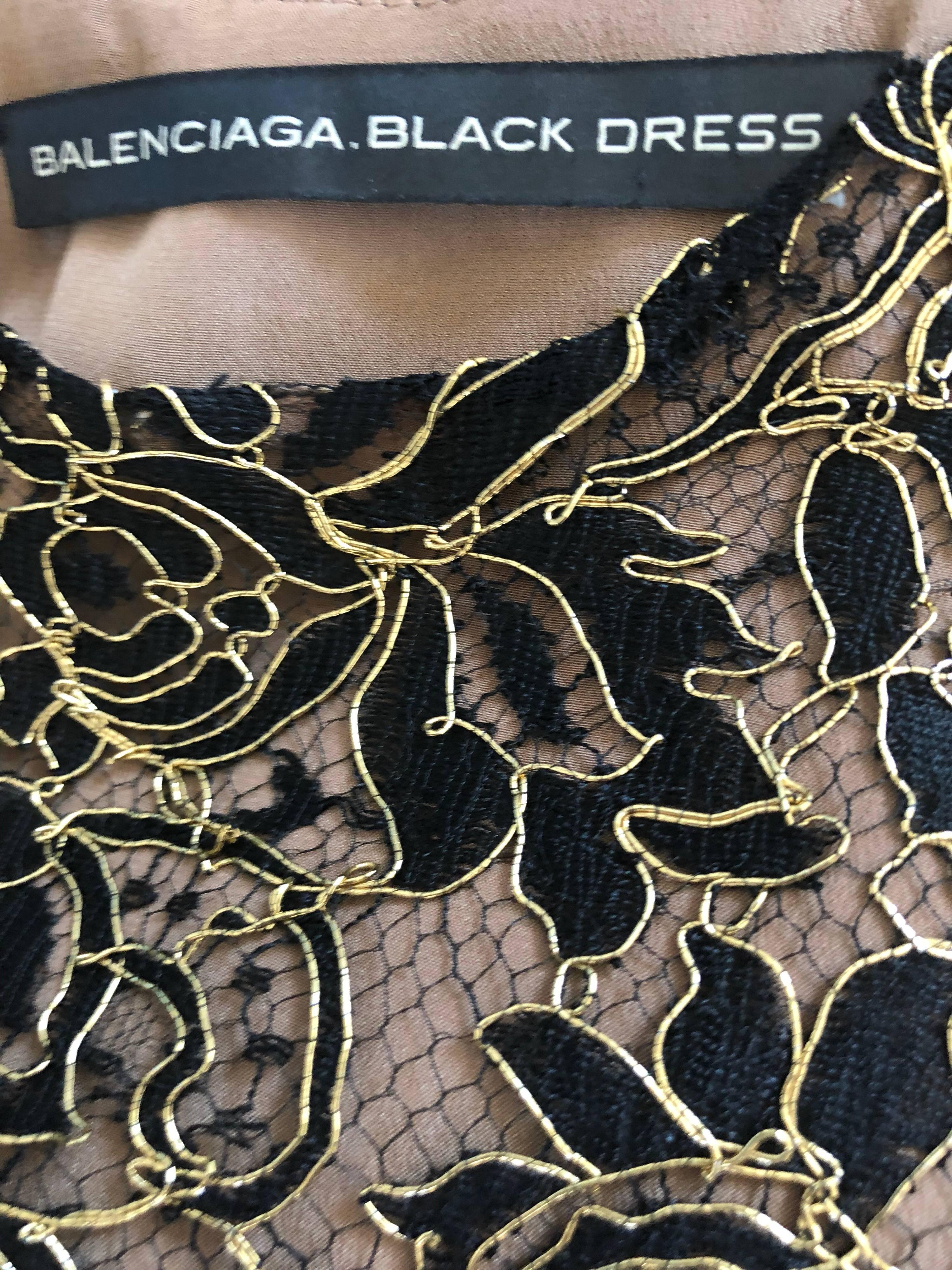 Balenciaga by Nicolas Ghesquiere Black + Gold + Nude Silk Chiffon Lace Dress For Sale 8