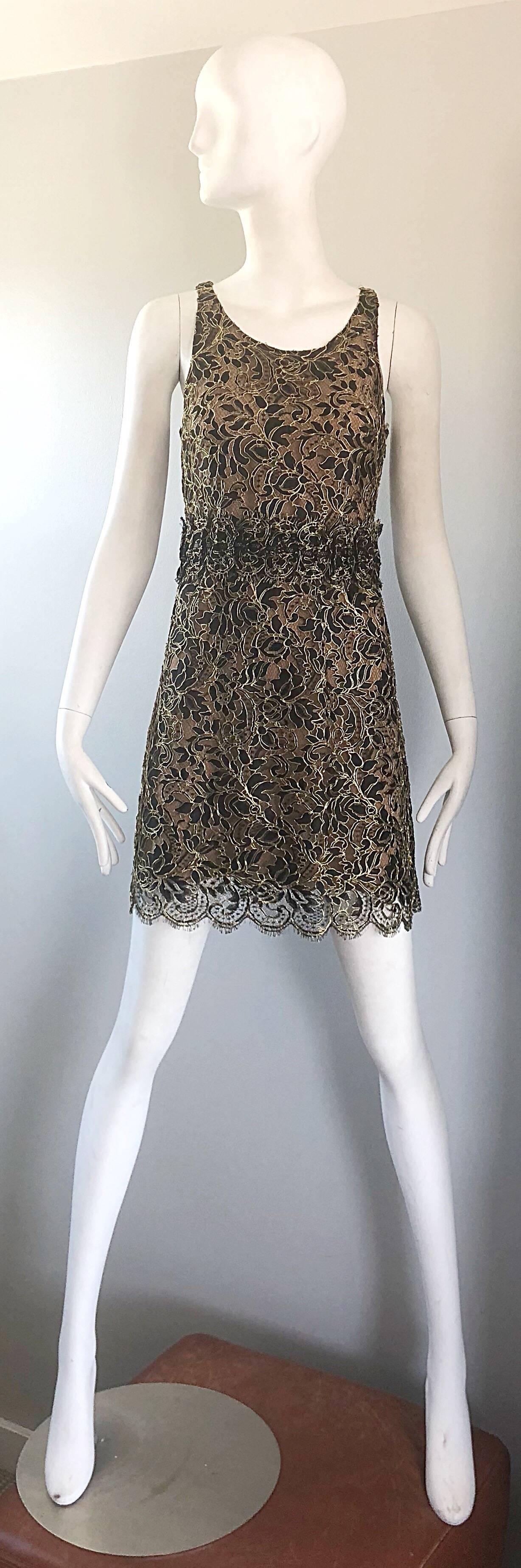 Gorgeous early 2000s BALENCIAGA by NICOLAS GHESQUIERE black, gold and nude silk chiffon lace cocktail dress! Features a nude silk chiffon underlay with black and gold French lace over. Balenciaga pieces from the Ghesquiere era are highly