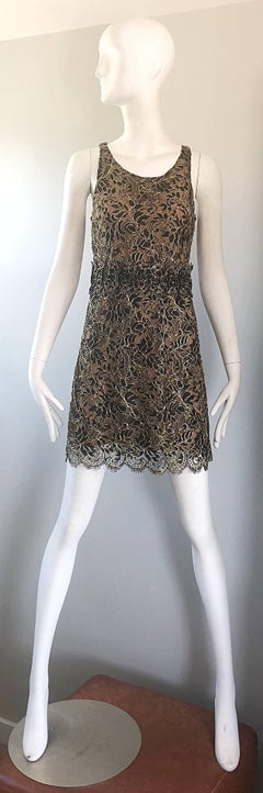 Balenciaga by Nicolas Ghesquiere Black + Gold + Nude Silk Chiffon Lace Dress