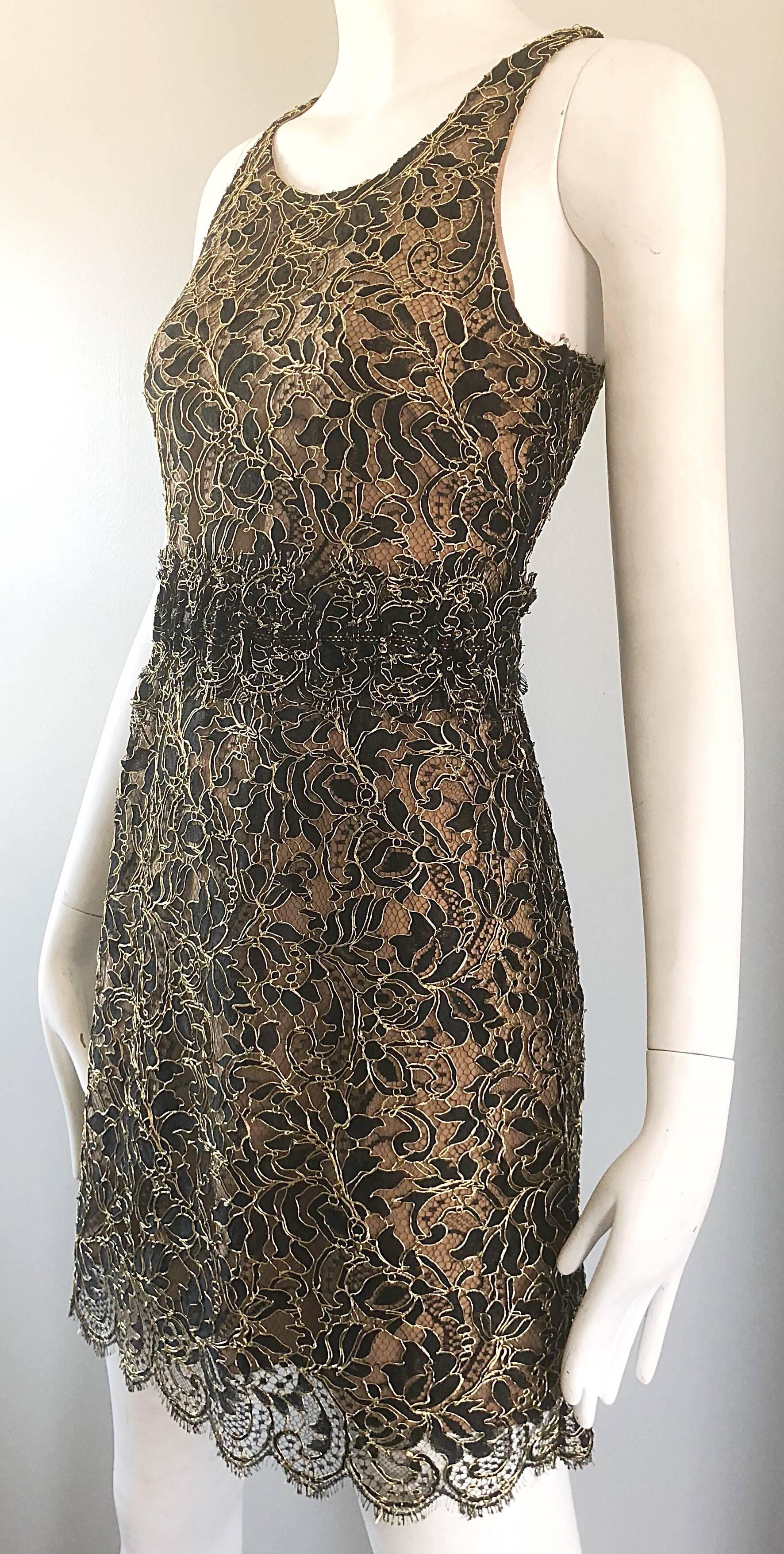 Balenciaga by Nicolas Ghesquiere Black + Gold + Nude Silk Chiffon Lace Dress For Sale 1