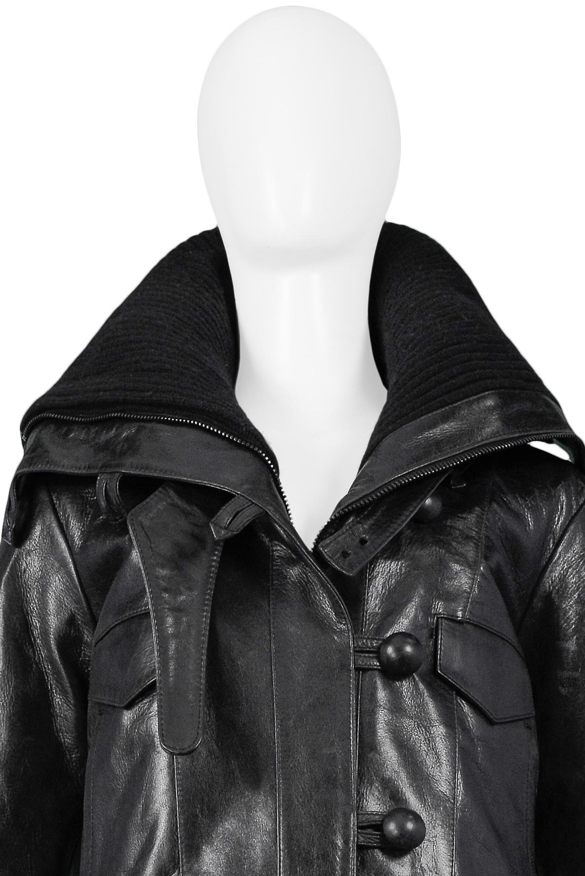 Resurrection Vintage is excited to offer a vintage black leather Balenciaga by Nicolas Ghesquiere motorcycle jacket featuring a button front, knit trim collar, waistband, and cuffs.  

Balenciaga Paris
Designed by Nicolas Ghesquiere
Size