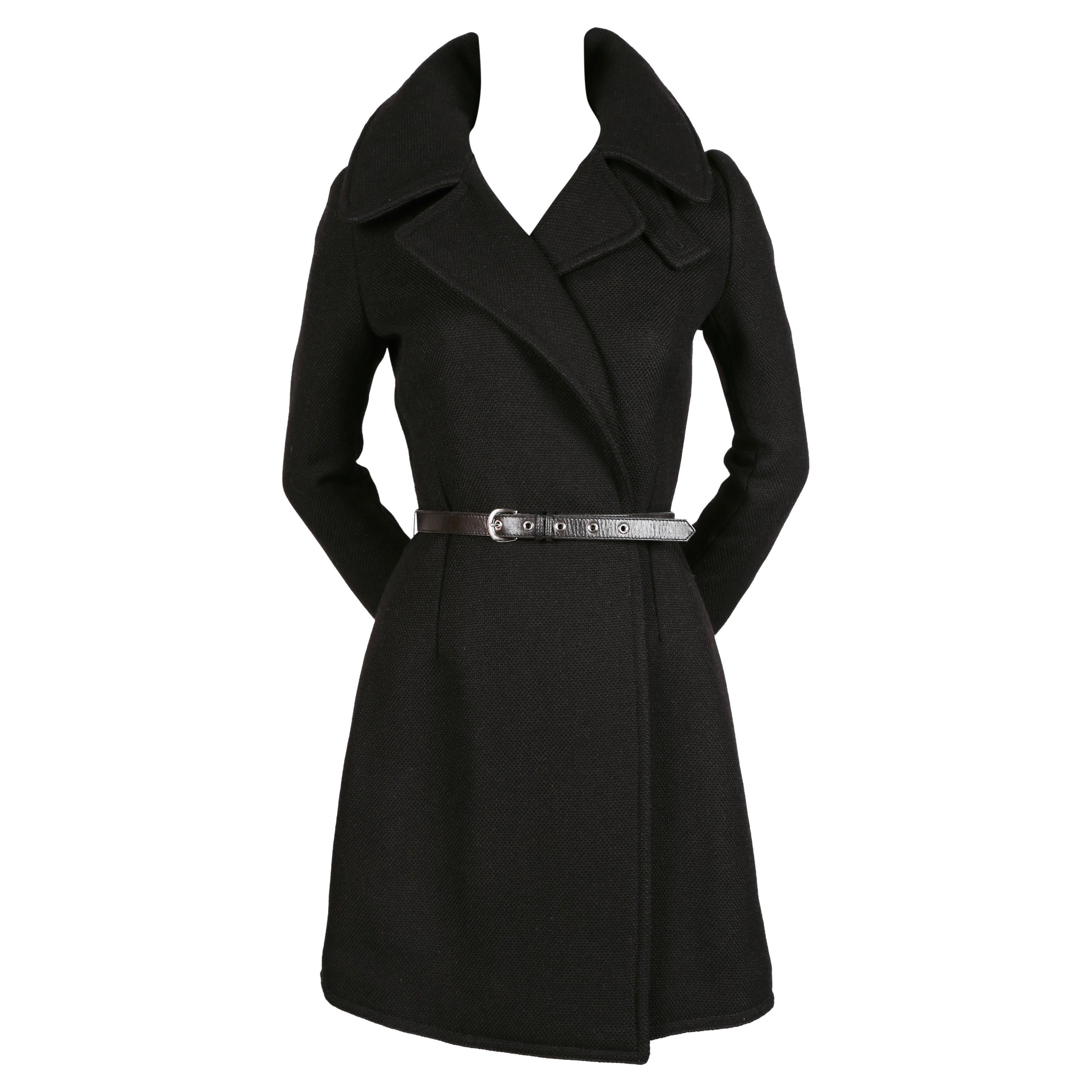 Balenciaga by Nicolas Ghesquiere black runway coat with leather belt, 2002  For Sale