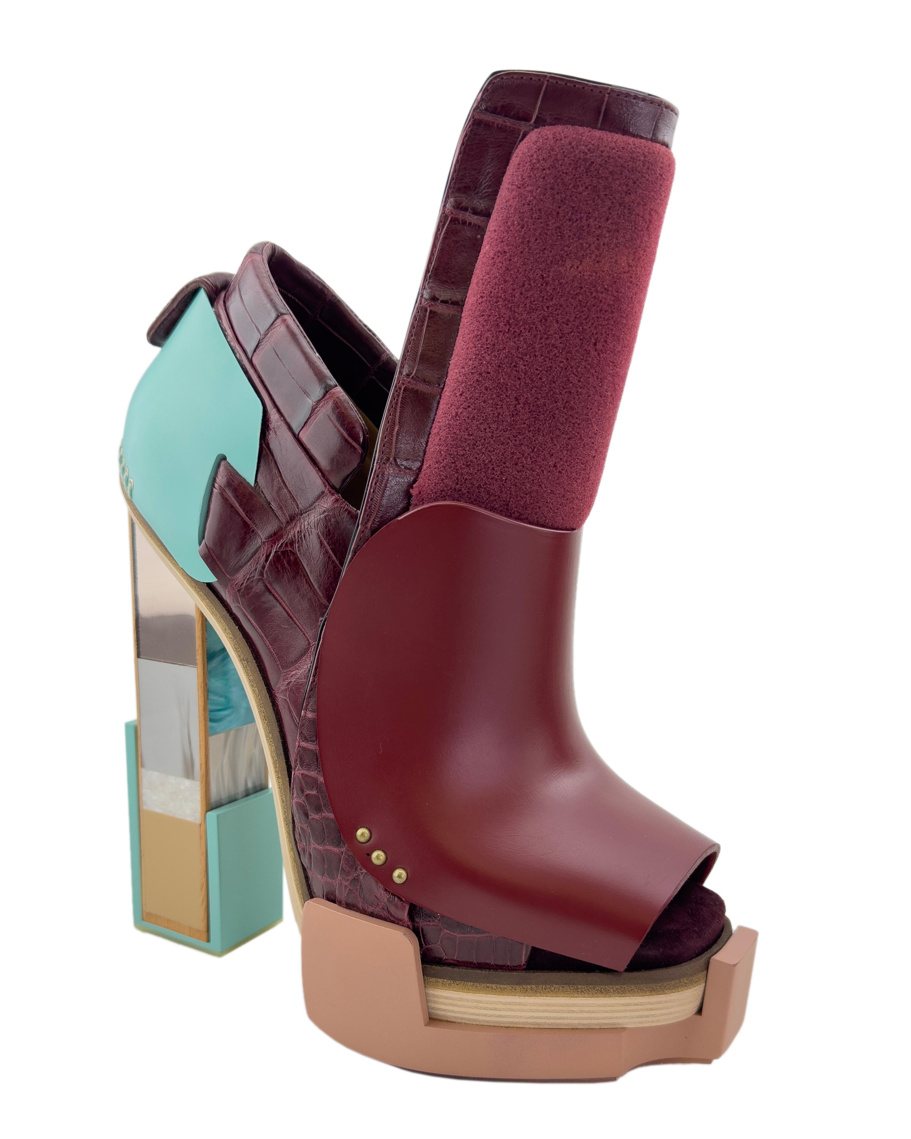 Balenciaga by Nicolas Ghesquiere Fall 2010 mixed media block heeled shoes thats made out of croc leather, polished leather, wood, lucite, resin and metal. 
A real collectors item thats rarely for sale online. 
Retailed for $7k+ at the time.
 Size