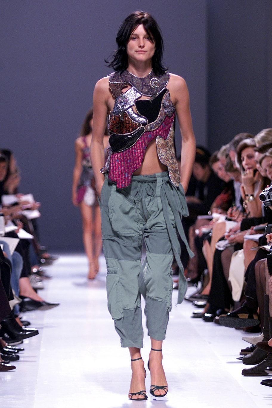 Iconic Balenciaga by Nicolas Ghesquière cargo pants from the spring 2002 runway collection(LOOK 6) featuring navy blue washed cotton fabric with corduroy detailing throughout, sash tie at waist and zip and tie closure. Collectors piece from