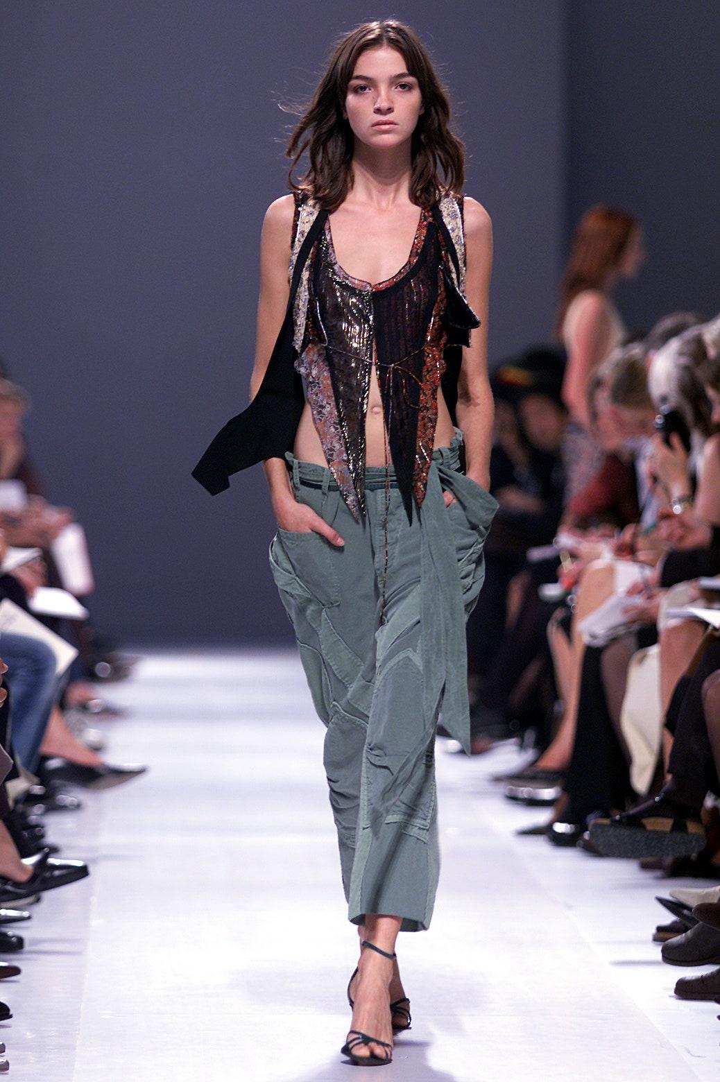 Iconic Balenciaga by Nicolas Ghesquière wide leg cargo pants from the spring 2002 runway collection(LOOK 17+18) featuring navy blue washed cotton fabric with corduroy detailing throughout, sash tie at waist and zip and tie closure. Collectors piece