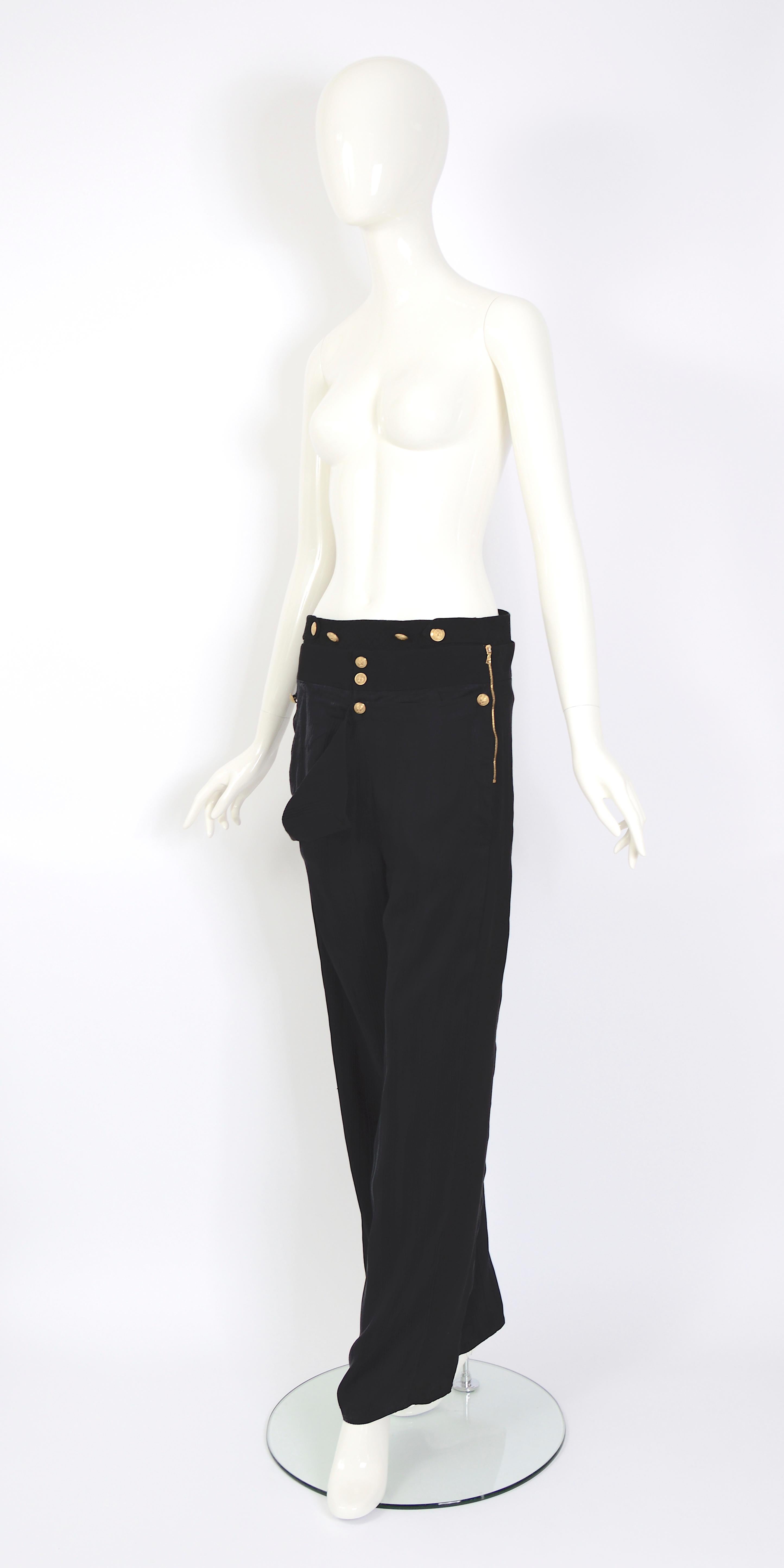Balenciaga by Nicolas Ghesquière SS 2005 runway black silk brass buttons pants For Sale 1