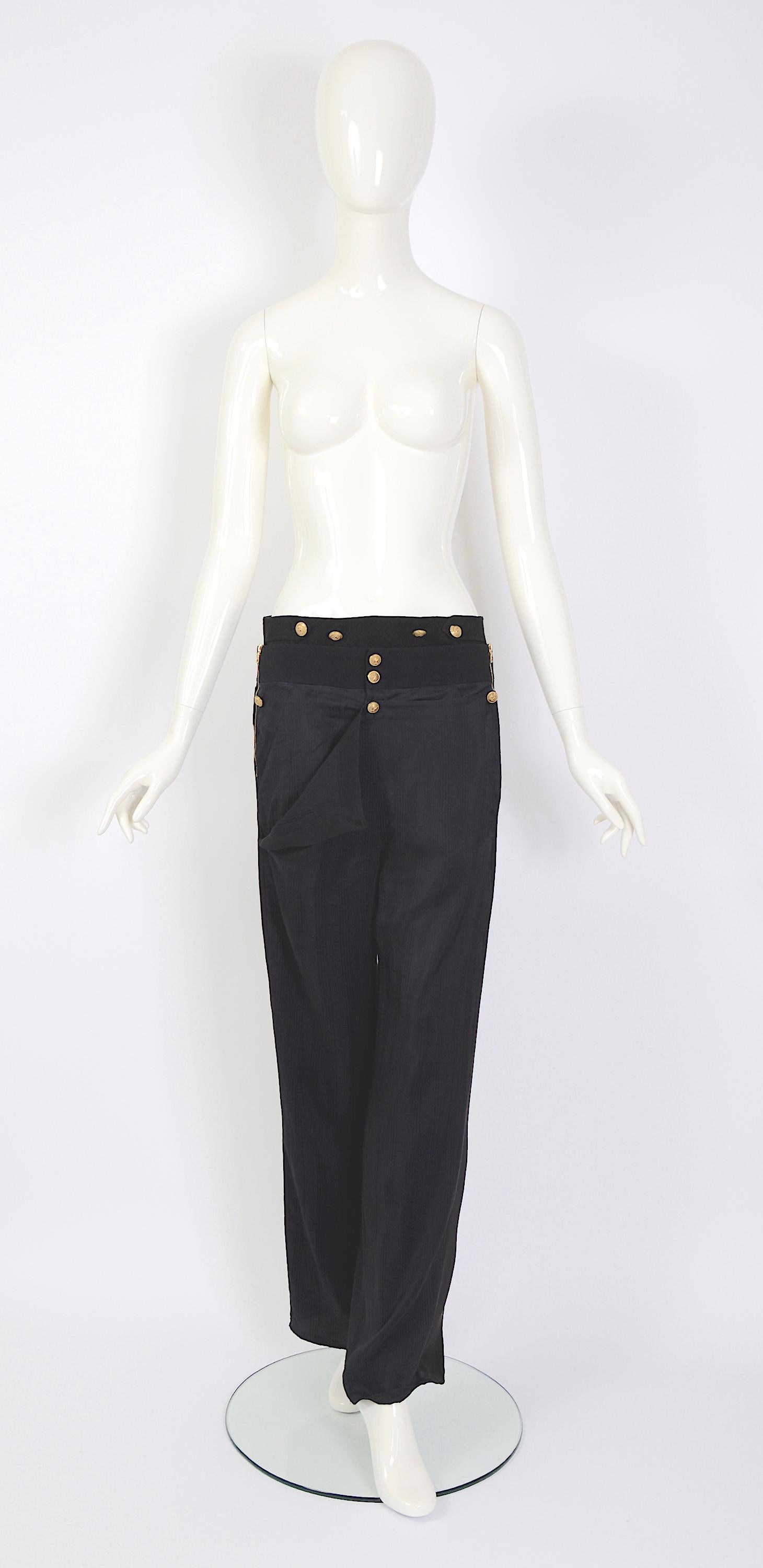 Balenciaga by Nicolas Ghesquière SS 2005 runway black silk brass buttons pants For Sale 2