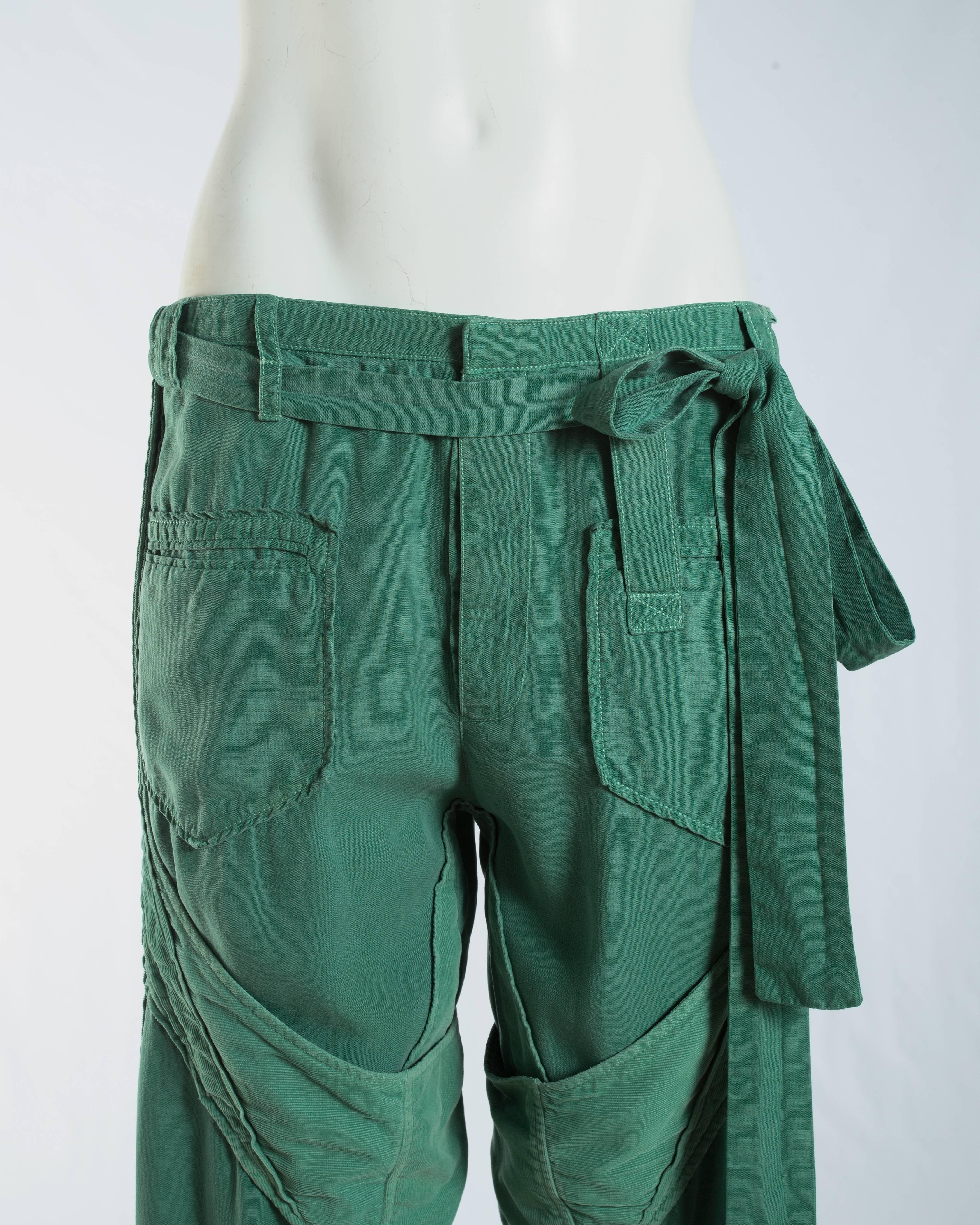 Gray Balenciaga Nicolas Ghesquière green cotton and corduroy cargo pants, S / S 2002