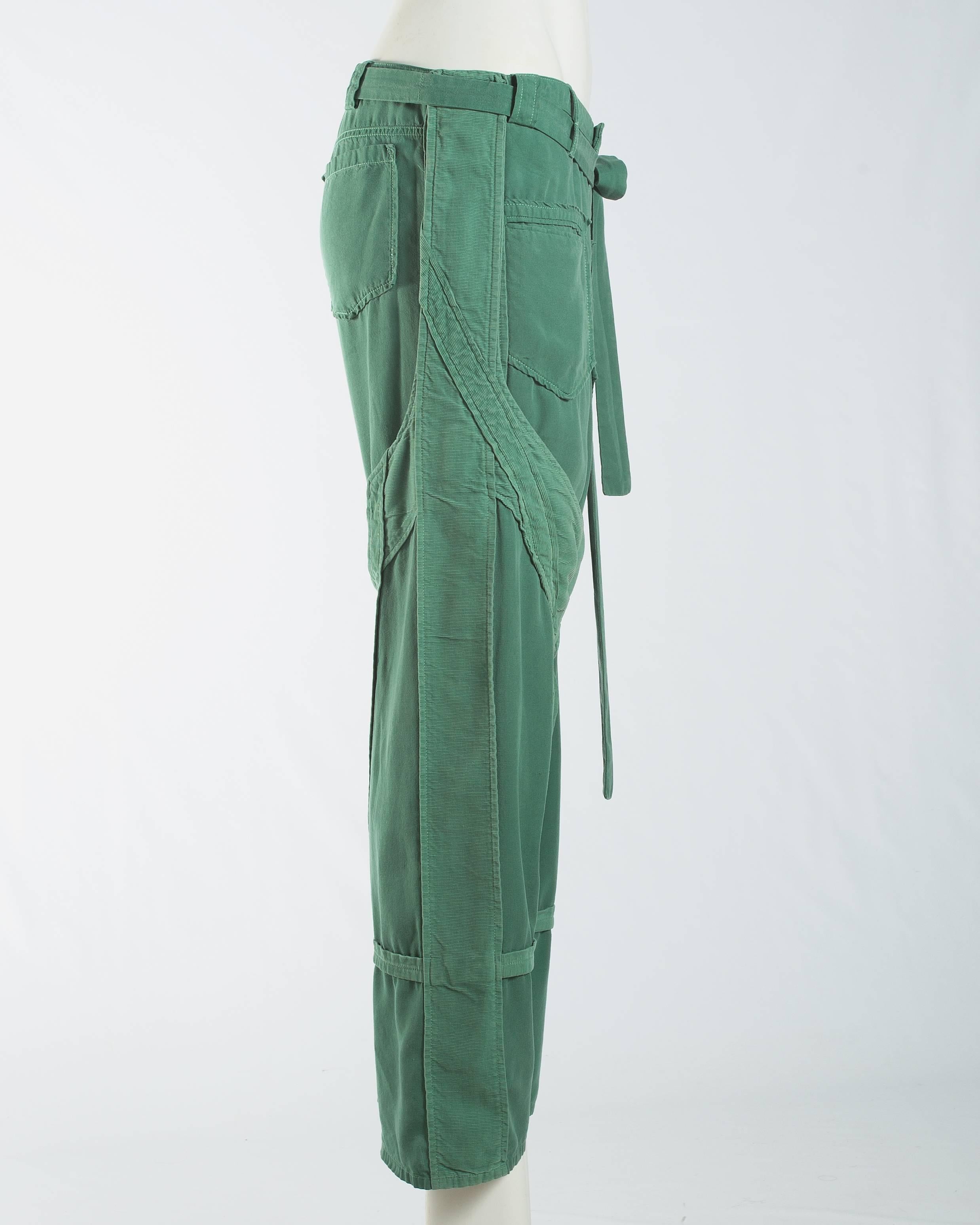 Women's Balenciaga Nicolas Ghesquière green cotton and corduroy cargo pants, S / S 2002