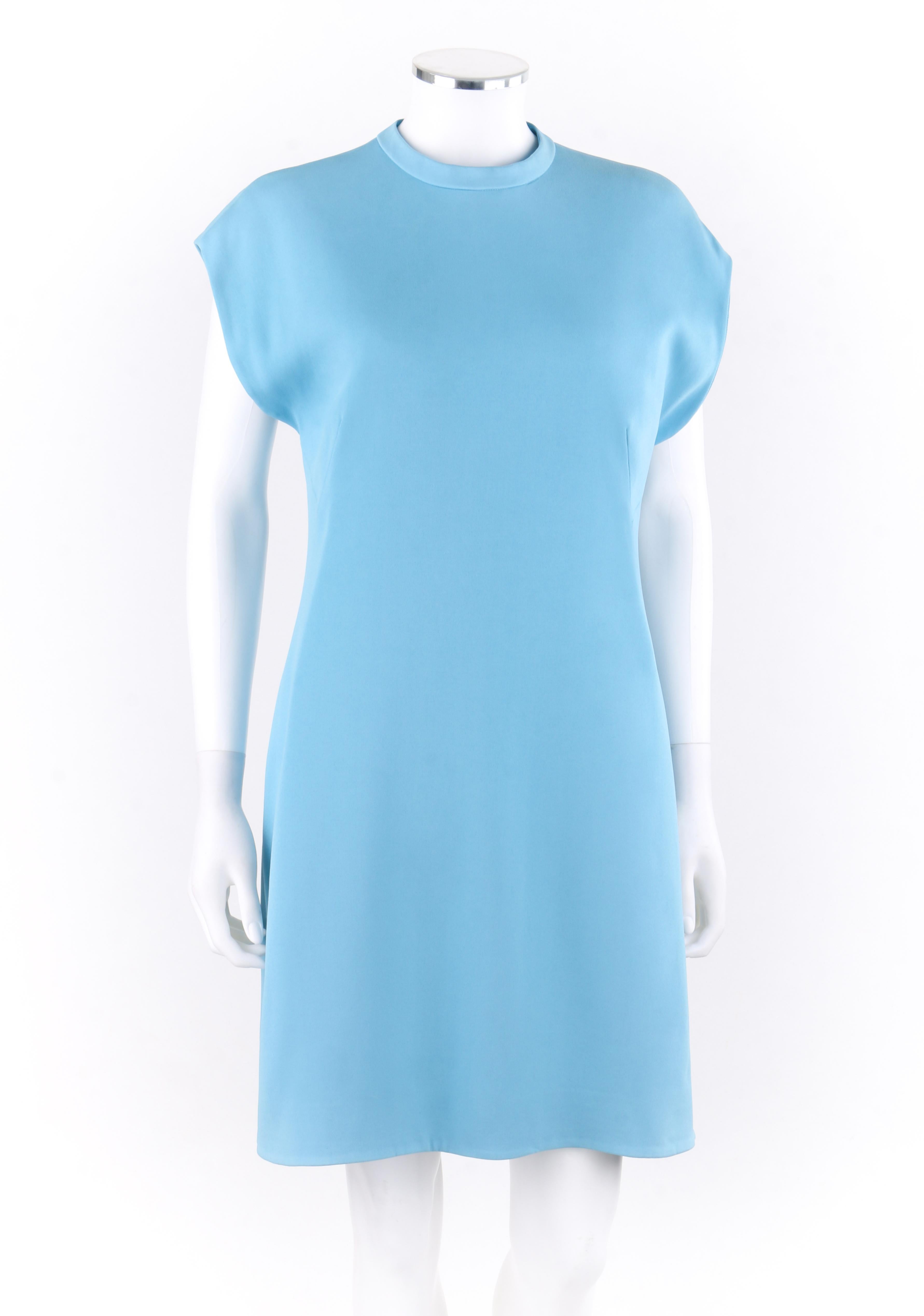 DESCRIPTION: BALENCIAGA c.2015 Sky Blue Band Collar Drop Shoulder Shift Dress 
 
Brand / Manufacturer: Balenciaga
Style: Shift dress 
Color(s): Sky blue
Lined: Yes
Marked Fabric Content: Outer: viscose/elastane; lining: silk/acetate
Additional