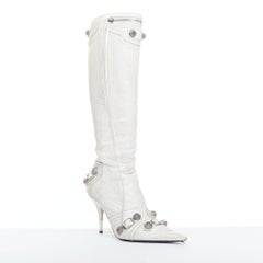 BALENCIAGA Cagole 100 white moto stud textured leather studded tall boots EU38