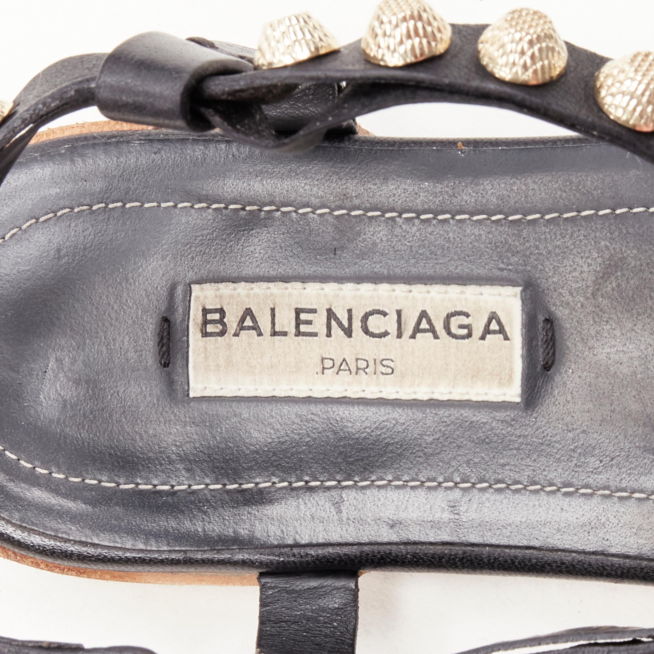 BALENCIAGA Cagole black leather gold textured  stud T-strap flat sandals EU38 For Sale 4