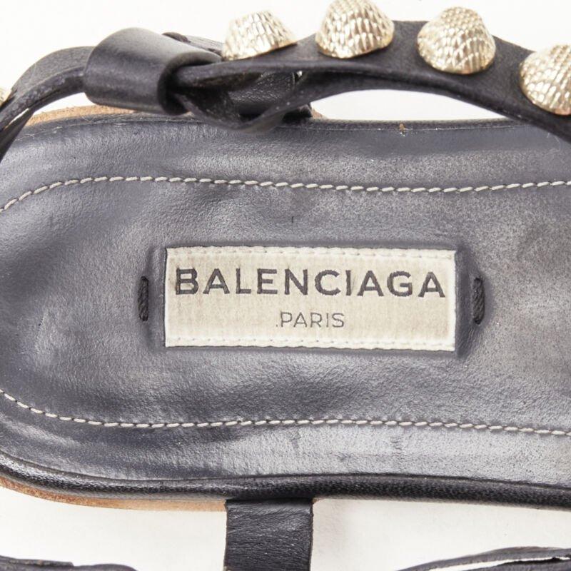 BALENCIAGA Cagole black leather gold textured  stud T-strap flat sandals EU38 For Sale 5