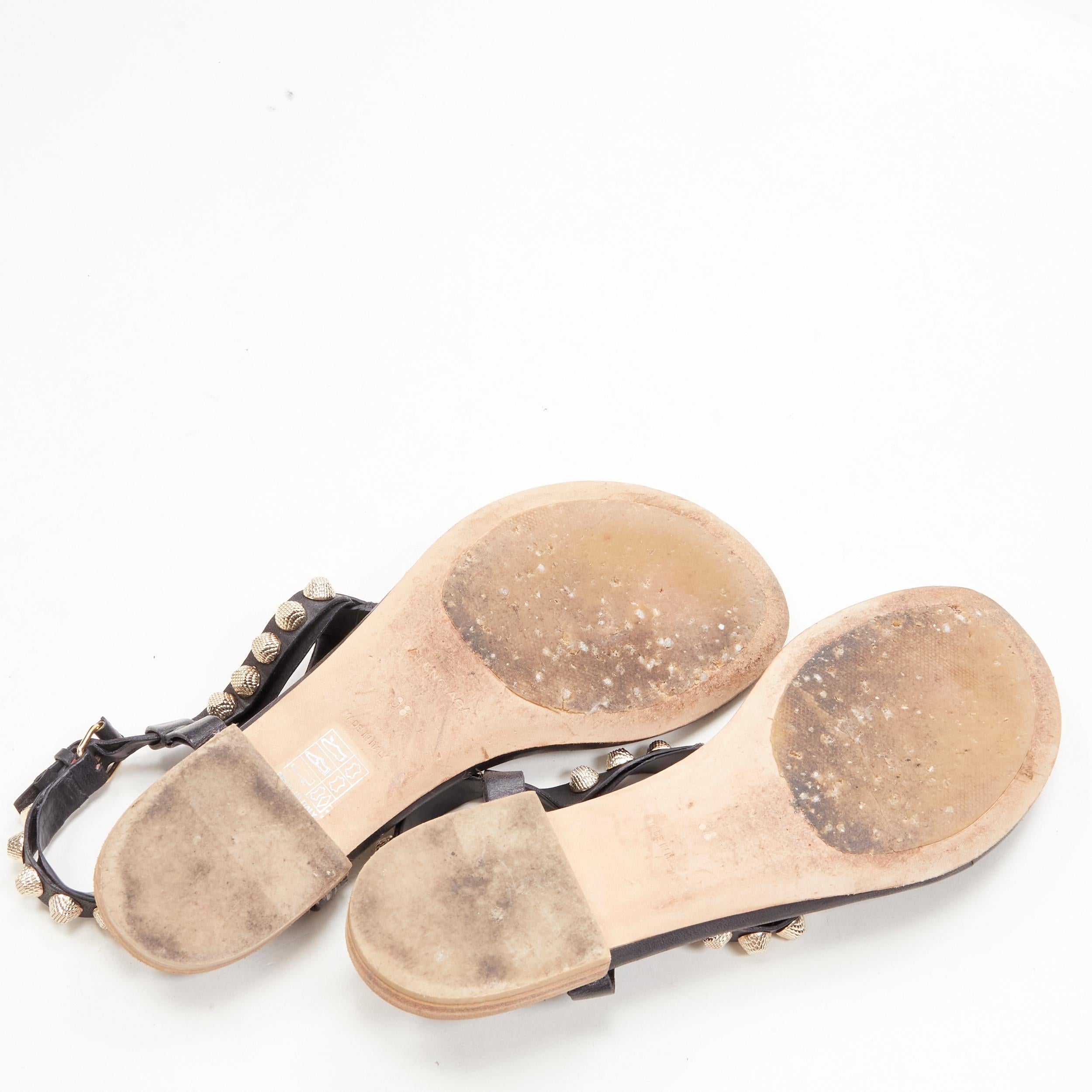 BALENCIAGA Cagole black leather gold textured  stud T-strap flat sandals EU38 For Sale 6