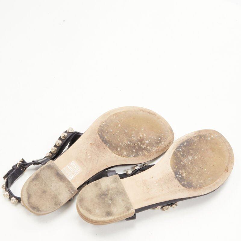 BALENCIAGA Cagole black leather gold textured  stud T-strap flat sandals EU38 For Sale 7