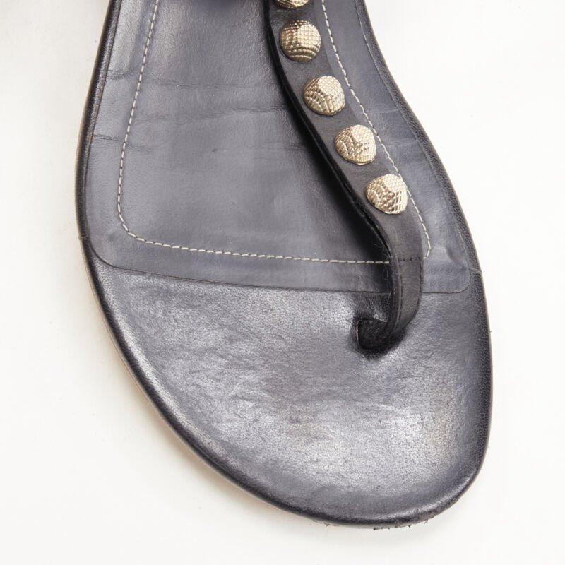 BALENCIAGA Cagole black leather gold textured  stud T-strap flat sandals EU38 For Sale 1