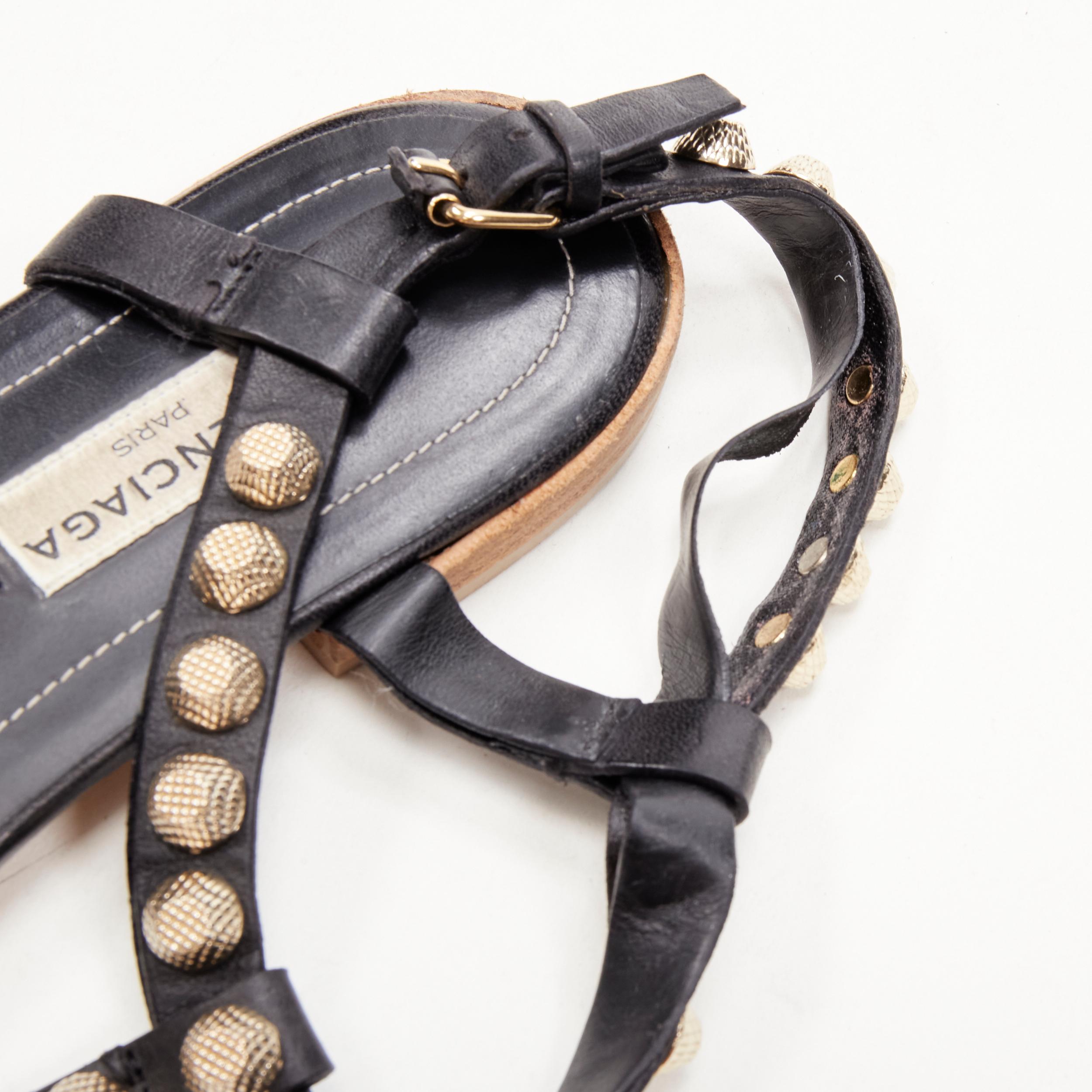 BALENCIAGA Cagole black leather gold textured  stud T-strap flat sandals EU38 For Sale 3