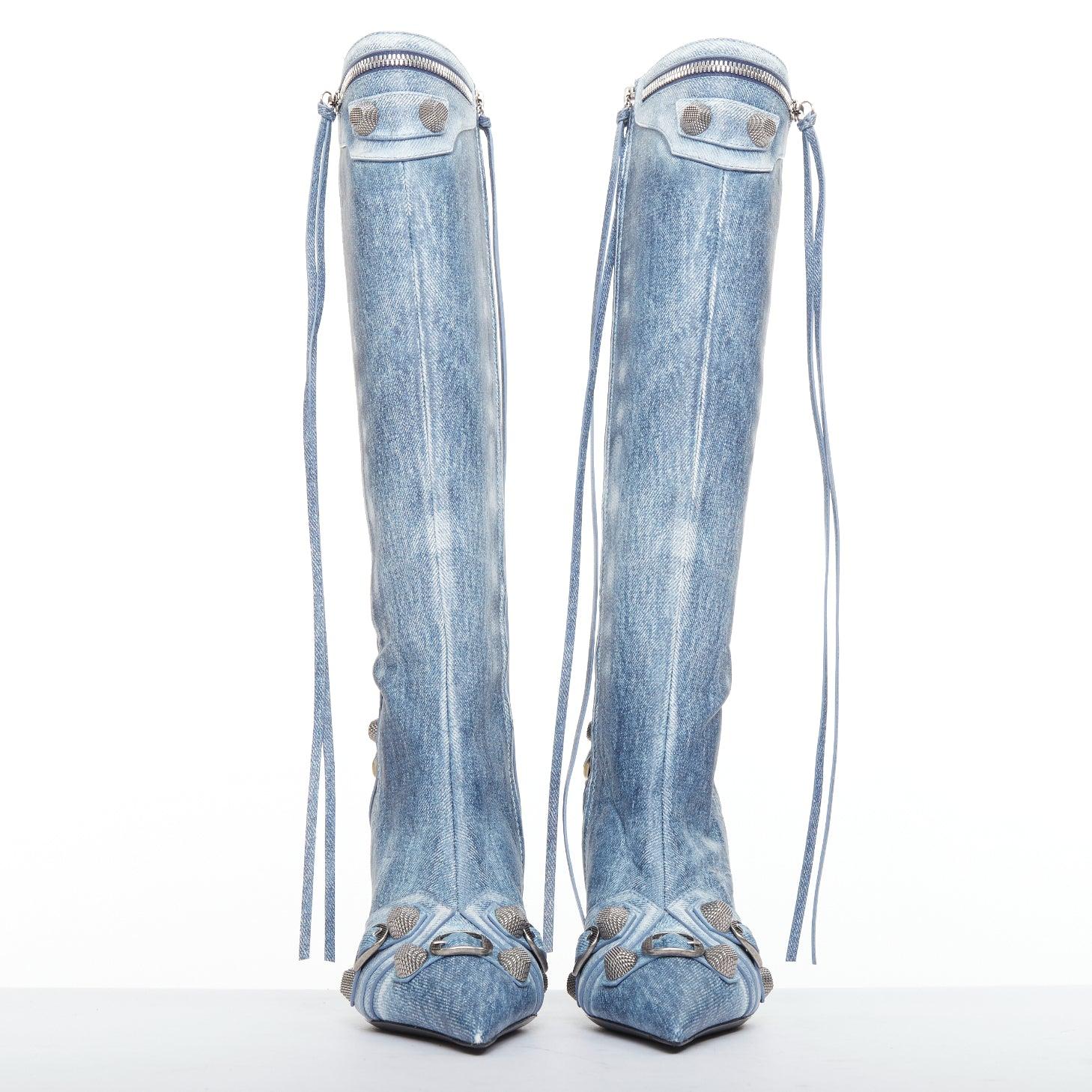 BALENCIAGA Cagole azul denim piel estampada tachuelas plateadas moto botas altas EU37 Azul en venta