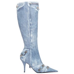 BALENCIAGA Cagole azul denim piel estampada tachuelas plateadas moto botas altas EU37