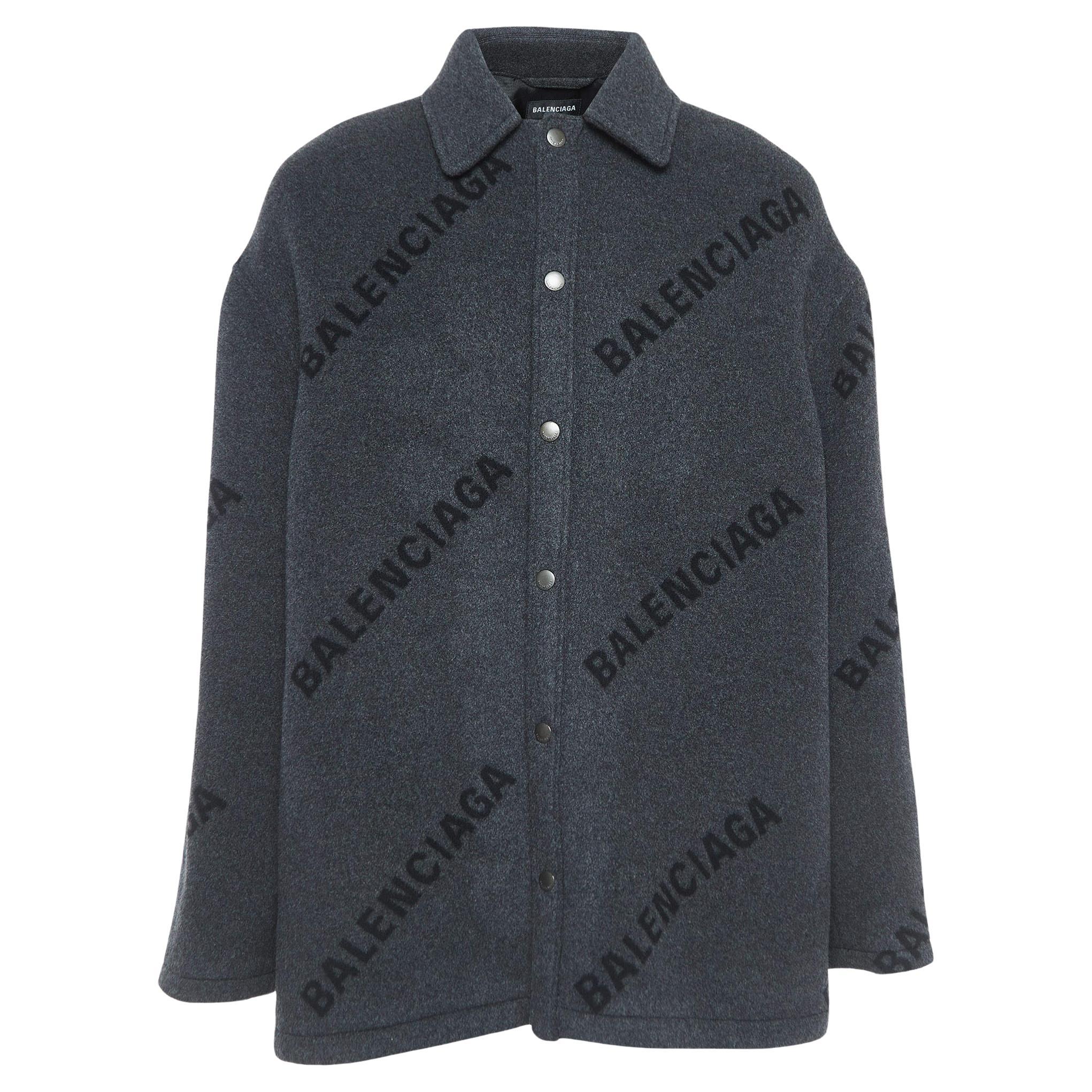 Balenciaga Charcoal Grey All-Over Logo Cashmere Coat S