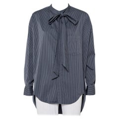 Balenciaga Charcoal Grey Striped Cotton Neck Tie Detail Oversized Shirt S