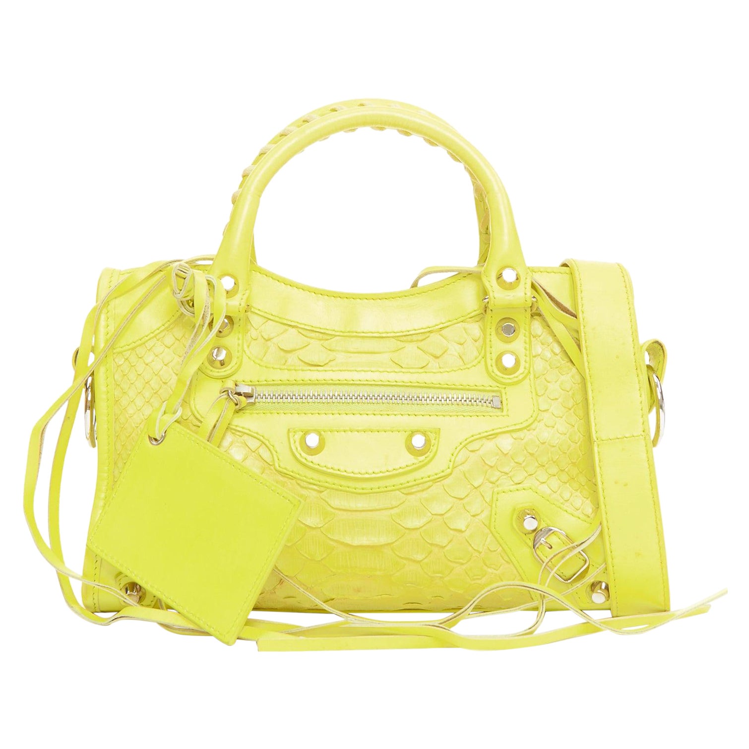 BALENCIAGA City Classic Mini sac à main en cuir écaillé jaune néon en vente