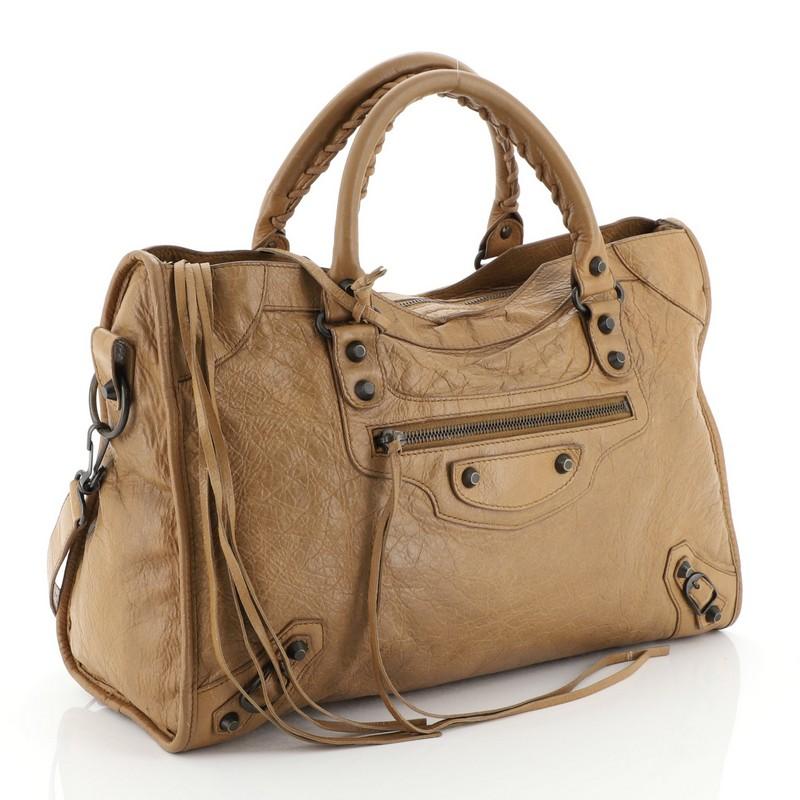 Brown Balenciaga City Classic Studs Bag Leather Medium
