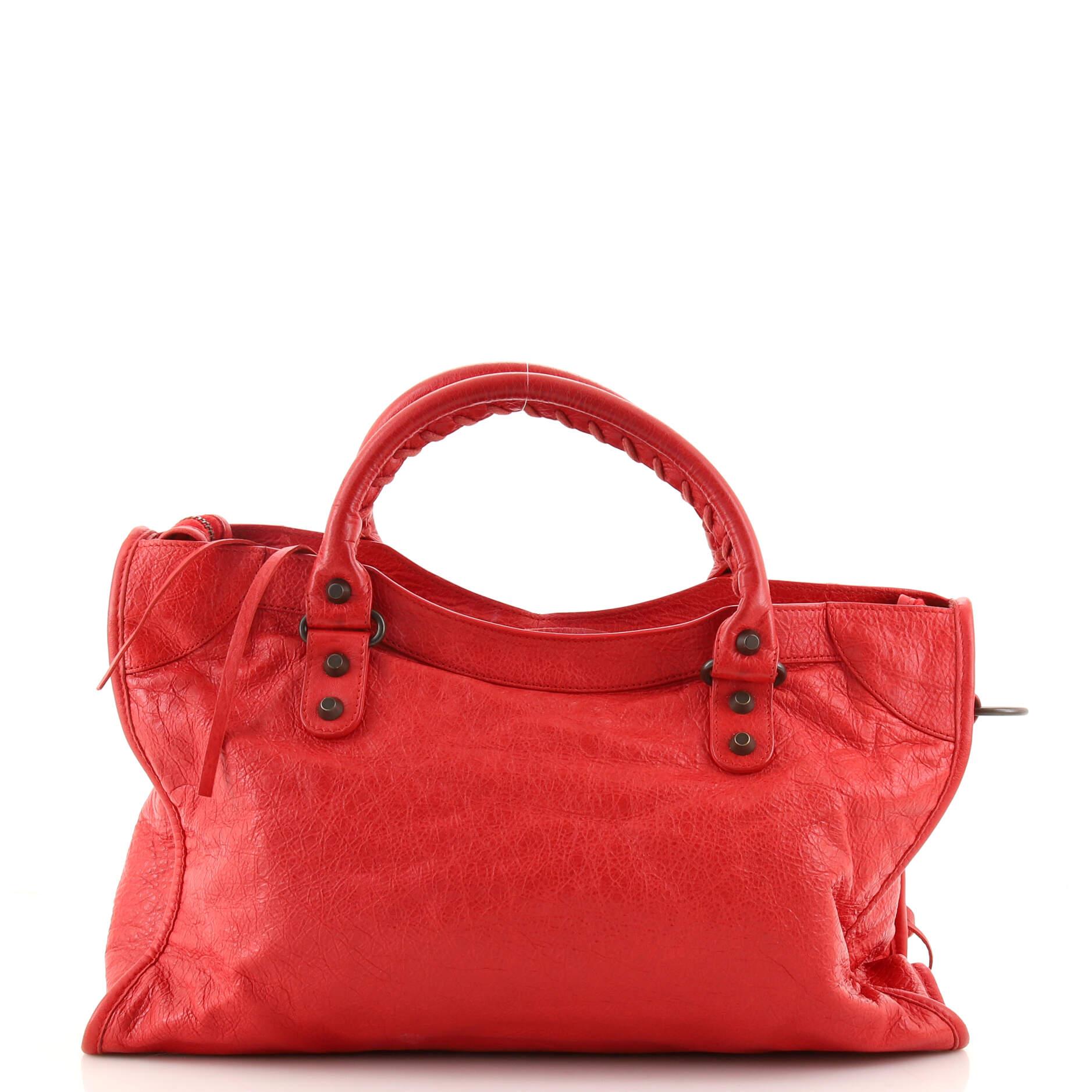 Red Balenciaga City Classic Studs Bag Leather Medium