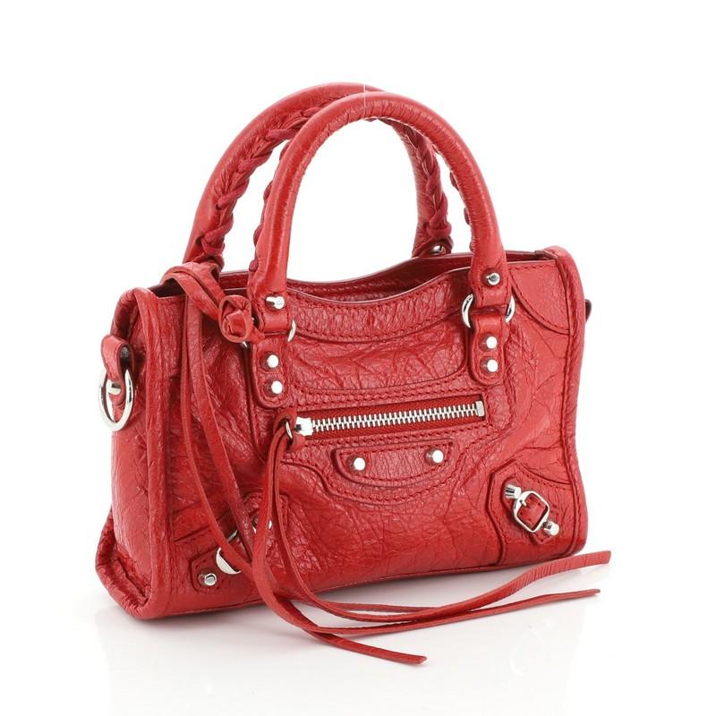 Red Balenciaga City Classic Studs Bag Leather Nano