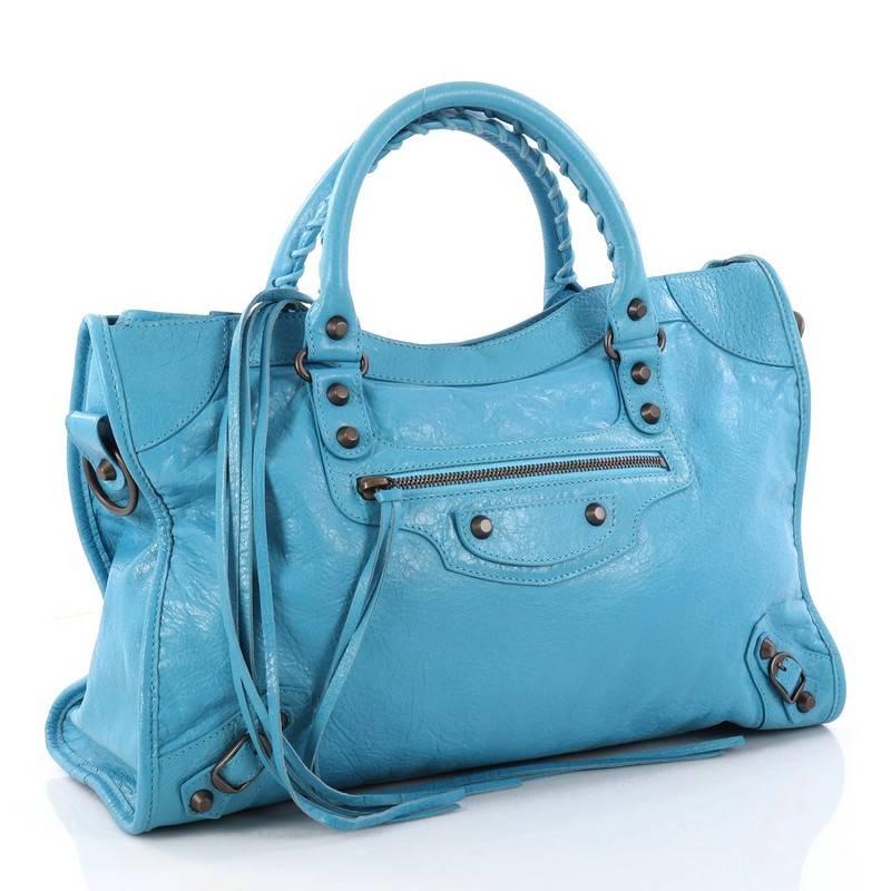 Blue Balenciaga City Classic Studs Handbag Leather Medium