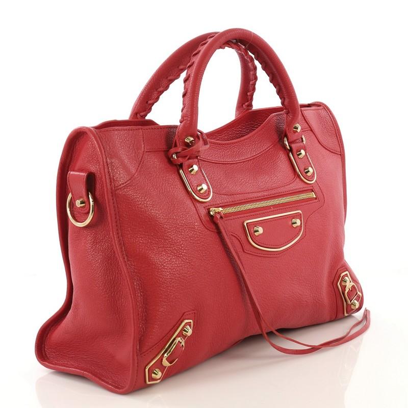 Red Balenciaga City Classic Studs Metallic Edge Bag Leather Medium